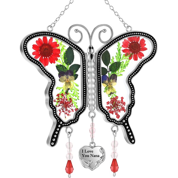 KY&BOSAM Nana Butterfly Suncatcher with Pressed Flower Wings and a Silver I Love You Nana Heart Charm Butterfly Suncatcher - Nana Gifts - Gifts for Nana Mother`s Day Birthday Christmas