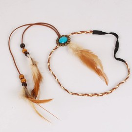 TseenYi Boho Feather Headdress Feather Beaded Tassel Headband Turquoise Princess Head Chain jewelry for Women and Girls Christmas (Brown)