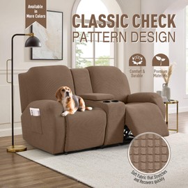 TAOCOCO Loveseat Recliner Cover with Middle Console, Stretch Loveseat Cover for 2 Seat Recliner Couch, Jacquard Reclining Sofa Covers Loveseat Slipcover Furniture Protector, Khaki