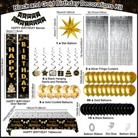 Black and Gold Birthday Decorations for Men Women, Happy Birthday Decorations Gold and Black Party Decoration Kit, Happy Birthday Banner Balloons Tablecover Fringe Curtain Swirls, Mens Man Bday Decor