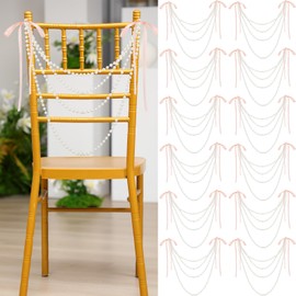 Wonderjune 16 Pcs Wedding Pearl Bow Aisle Decoration Satin Ribbon Bows with Pearl Beaded String Chair Sashes Coquette Chair Back Garland Decor for Wedding Ceremony Party Banquet(Champagne Pink)