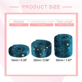 sourcing map 3 Roll 1 Yard 3 Sizes Velvet Ribbons, Double Faced Craft Trims Ribbon with Star for Sewing Gift Wrapping, Party Wedding Decor, DIY Bow Ornament, Peacock Blue (3/8", 1", 2")