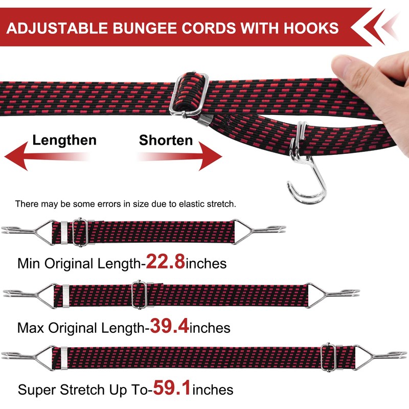 Newthinking 1M Adjustable Bungee Cords with Hooks, 4 Pack Red