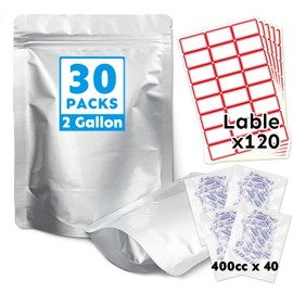 Cloudslucky Mylar Bags 2Gallon 30PCS 17"X13" 10Mil Thick for Food Storage with Oxygen Absorbers&Labels Zipper&Heat seal Food Grade&Long Term,Food Grade Resealable Stand-Up Bags