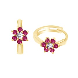 Round Shape Simulated Ruby & CZ Flower Huggie Hoop Earrings 14K White Gold Over Sterling Silver