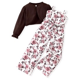 HINTINA Toddler Girl Clothes 4 Years Long Sleeve Knitted Cardigan Set Sleeveless Floral Jumpsuit Spaghetti Strap Romper Wide Leg Pant 2 Pieces Fall Winter Outfits Spring Clothing, 4-5T, Dark Brown