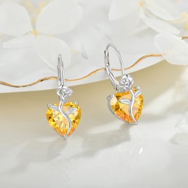 FJ Heart Dangle Drop Earrings 925 Sterling Silver Rose Flower Leverback Earrings Citrine November Birthstone Jewelry Gifts for Women