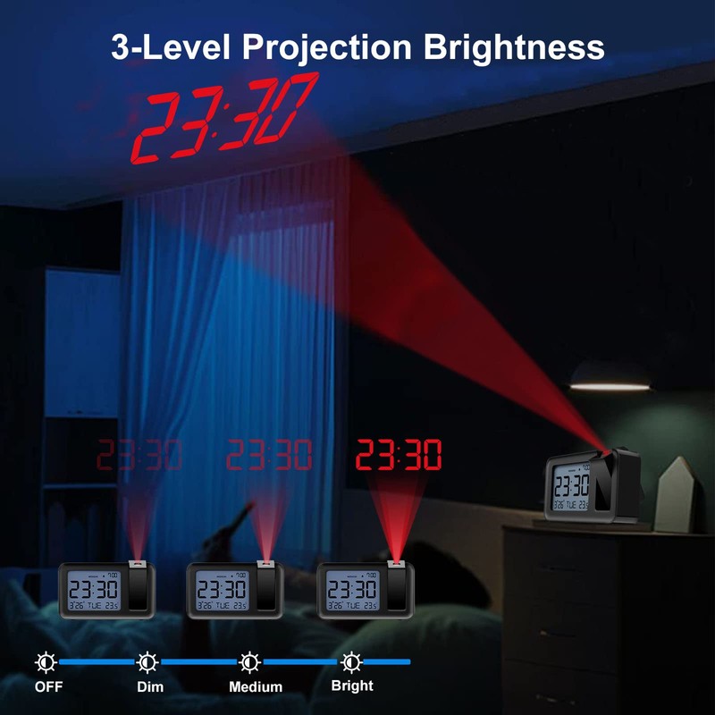 CHEREEKI Projection Alarm Clock, Digital Projector Clock Mains Powered Bedside