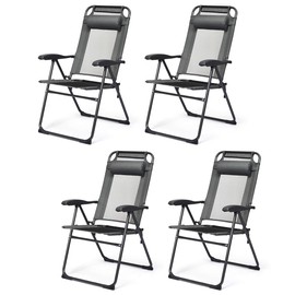 Giantex Set of 4 Patio Dining Chairs, Folding Lounge Chairs with 7 Level Adjustable Backrest, Headrest, 300 Lbs Capacity, Outdoor Portable Chairs with Metal Frame (4, Gray)