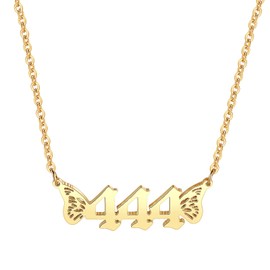 Angel Number Necklace For Women, 18K Gold Plated 000,111,222,333,444,555,666,777,888,999 Butterfly Wings Pendants Choker Numerology Jewelry (444)