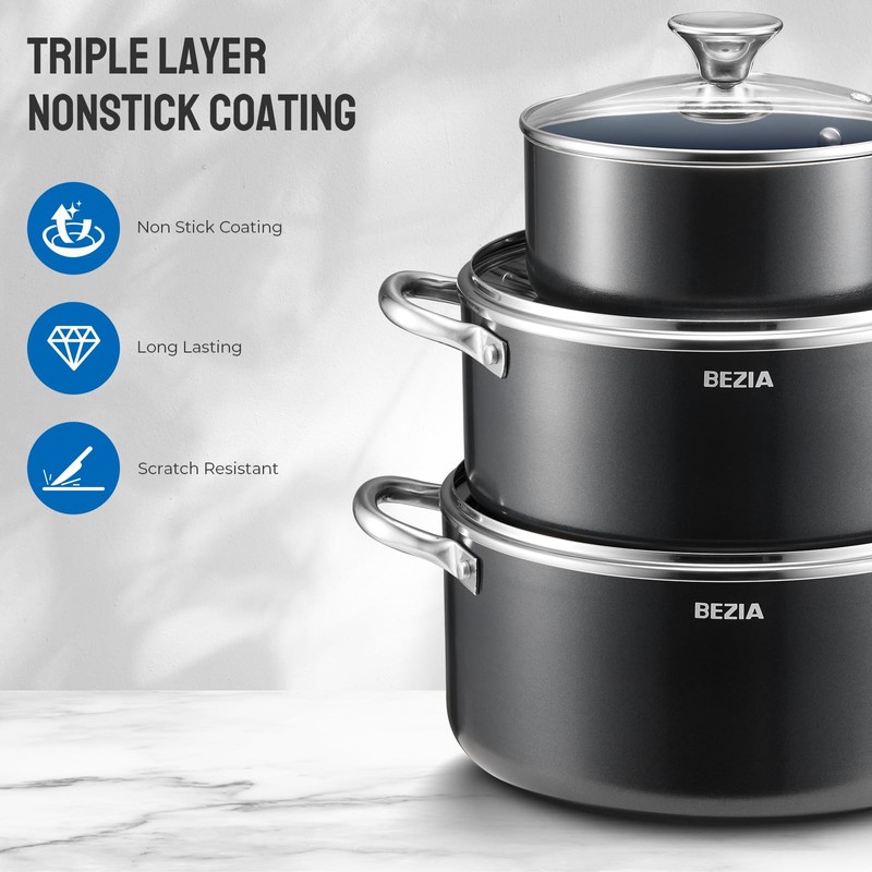 Induction Cookware Set 6-Piece, Stackable Kitchen Cooking Pots Set, 6qt