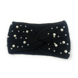 Women's Girls Winter Warm Headband Knit Woolly Head Ear Warmer Wrap Sweatband with Pearl Motifs UK (Black)
