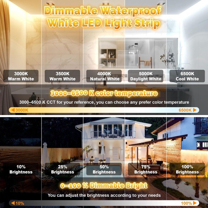 Outdoor LED Strip Lights Waterproof IP67, Dimmable 3000K-6500K Warm White