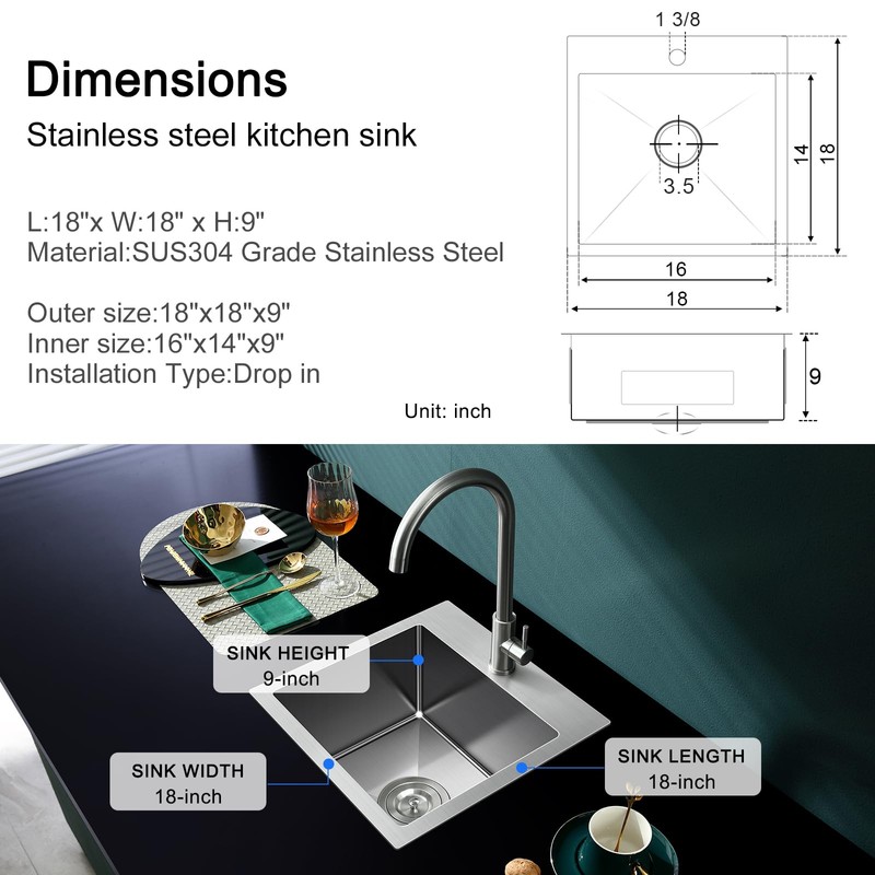 MENATT 18 inch Kitchen Sink Drop-In Brushed，304 Stainless Steel Handmade