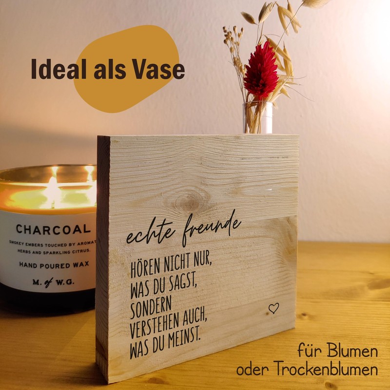 Echte Freunde Holzbild + Reagenzglas zum Hinstellen opt. als Vase