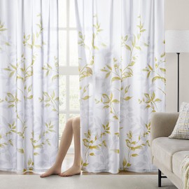 HOMEIDEAS Non-See-Through Gold and White Privacy Sheer Curtains 52 X 96 Inches Long 2 Panels, Leaf Floral Printed Light Filtering Semi Sheer Window Curtains Drapes for Bedroom Living Room
