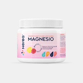 NEREA Magnesio - 3 magnesios: citrato, carbonato y bisglicinato de magnesio + probióticos y prebióticos - 5 en 1, alta absorción, 86 porciones (3 meses), sabor frambuesa-limón, sin rellenos.
