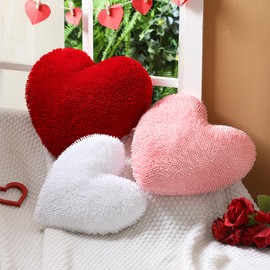 Wonderjune 3 Pcs Valentine's Day Heart Shaped Pillows Cute Heart Shaped Throw Pillow Plush Soft Velvet Red Pink White Heart Pillows for Valentine Party Friends Children Gift Living Room/Dining Room
