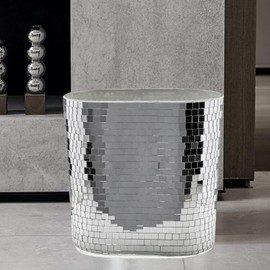 WDHODEC Silver Mirror Mosaic Trash Can (9.8" Tall) | Narrow Oval Decorative Waste Basket for Bathroom Vanity & Toilet Side | Handcrafted Shimmering Accent Dual-Use Flower Vase