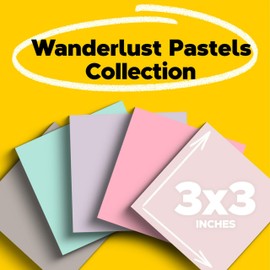 Post-it 100% Recycled Paper Super Sticky Notes, 3 in. x 3 in., 5 Pads, 70 Sheets per Pad, Wanderlust Pastels, New Year Organization or Second Semester School Supplies