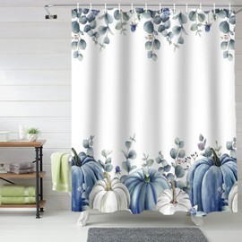 Fall Shower Curtain Set, Blue Pumpkin Bath Shower Curtain with Hooks Waterproof Polyester Fabric Shower Curtains for Bathroom Holiday Thanksgiving Decorations White Pumpkins Green Leaves 72x72 Inch