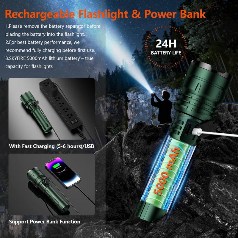 SKYFIRE 1376 LED Flashlights with Ignition Lens, Rechargeable 2000 High