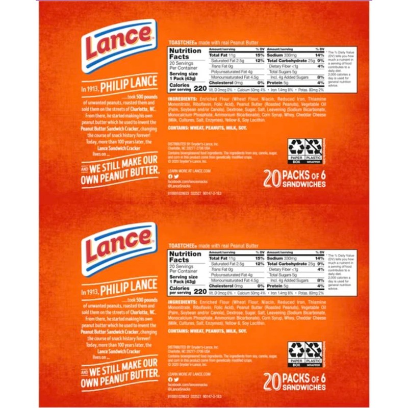 Lance Toast Chee Peanut Butter Sandwich Crackers, (40 Count) Bulk