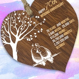 70th Wedding Anniversary Wooden Heart Plaque, Dark Wood Sign Keepsake, Celebrate Platinum Anniversary Wife Husband Boyfriend Girlfriend Mom Dad, Plaque with Quotes Gifts from the Kids