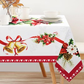 INFUNLY Christmas Flower Table Cloth Golden Bell Tablecloth Ribbon Holly Polyester Rectangle Tables Cloths 60x90 Inches Holiday Floral Printed Table Cover for Xmas Dining Parties Home Decor