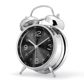 Lafocuse Double Bell Alarm Clock, 16 cm, Analogue, No Ticking, Metal Black Alarm Clock with Large Dial, Silent Bedside Table Clock with Night Light for Bedroom, Office