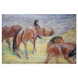 Tile Mural Grazing Horses Landscape by Franz Marc Kitchen Bathroom Shower Wall Backsplash Splashback 3x2 4" Marble, Matte