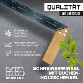 MIB Carpenter's Square with Beech Wood Legs 300 x 41 x 1 mm | Carpenter's Square | Measuring Tool for Carpenters & Carpenters | Protractor with Brass Fitting | 45° Mitre | Steel Blade with 4 mm/mm