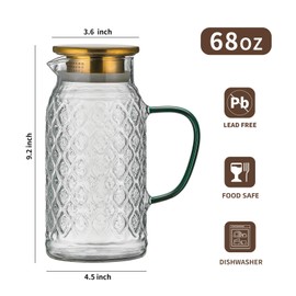 Buaic Glass Pitcher with Lid, 2 PACK 68 oz/2L Liter Vintage Water Pitcher, Clear Borosilicate Glass Water Carafe for Cold Brew, Coffee, Lemonade, Iced Tea,Beverage, Heat Resistant Water Glass Jug