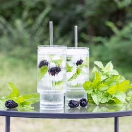 All Glass Iced Coffee Cup with Lid and Straw (16oz striped)