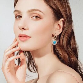 Oskani 925 Sterling Silver Heart March Birthstone Aquamarine Color Earrings for Women Dainty Dangle Drop Leverback Earrings with Rose Gold Plated 5A Cubic Zirconia Jewelry Birthday Presents for Wife