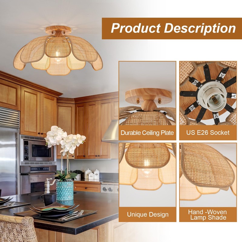 Haolaike Boho 20 Inch Rattan Flush Mount Ceiling Light Flower
