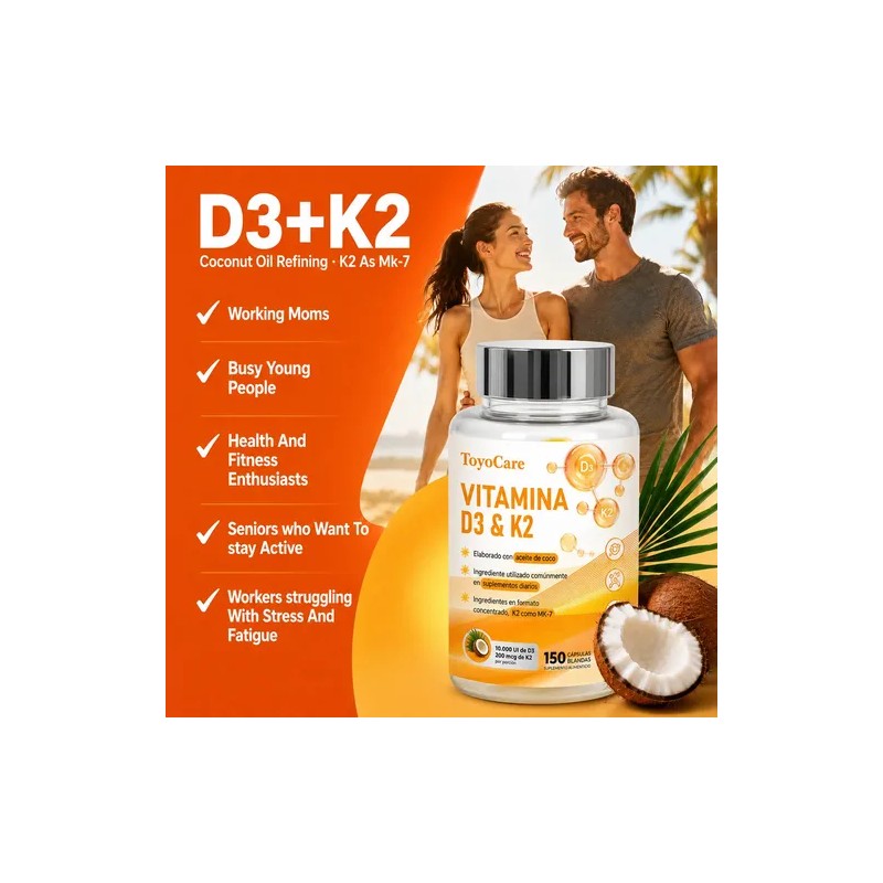 Toyocare Suplemento De Vitamina D3 Y K2 Mk-7, 150 Cápsulas
