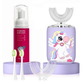ELOTAME Kids Electric U Shaped Toothbrush Unicorn Rechargeable Sonic Toothbrush with 4 Soft Brush Heads with Kid Toothpaste IPX7 Waterproof - (Age 8-15, Purple)