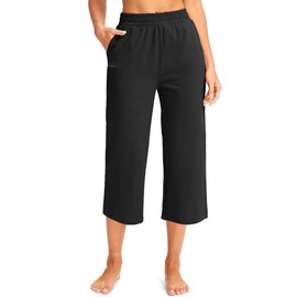 Pudolla Women's Capris Yoga Pants 18"/20" Cotton Capri Sweatpants Wide Leg Summer Casual Workout Pants with Pockets(Black 20-Large)
