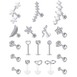 Tornito 18Pcs Cartilage CZ Stud Earrings Conch Forward Helix Tragus Daith Piercing Lip Rings Snake Heart Jewelry for Women Men 16G Silver Tone