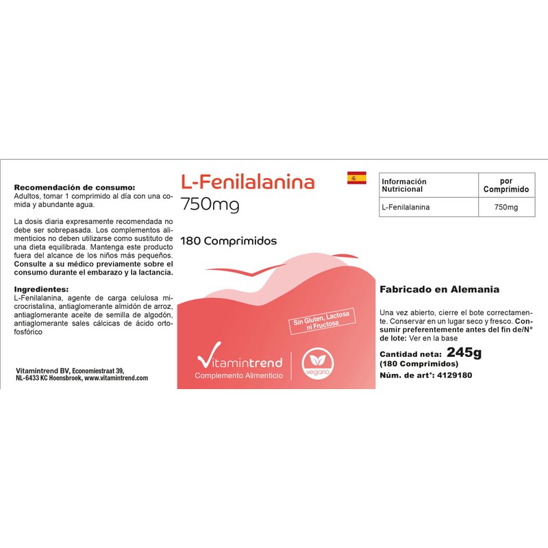 L-Phenylalanine 750 mg, 6-month supply, 180 tablets, vegan, high dose.