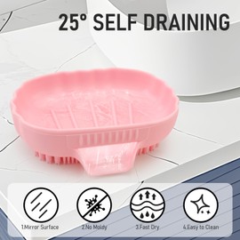 Silicone Soap Dish with Drain 2 Pcs, Anti-Slip Bathroom Bar Soap Holder Dishes Self Draining Waterfall Saver Plate for Shower Sink - Unique Bottom Brush Easy Dry & Clean (Pink + Lavender Grey)