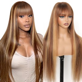 Ruiyu Ombre Highlight Human Hair Wigs with Bangs 2x4 HD Lace Front Brown Wig with Highlights Honey Blonde 4/27 Colored Straight Closure Glueless Reday to Go Brazilian Human Hair for Women 20 Inch