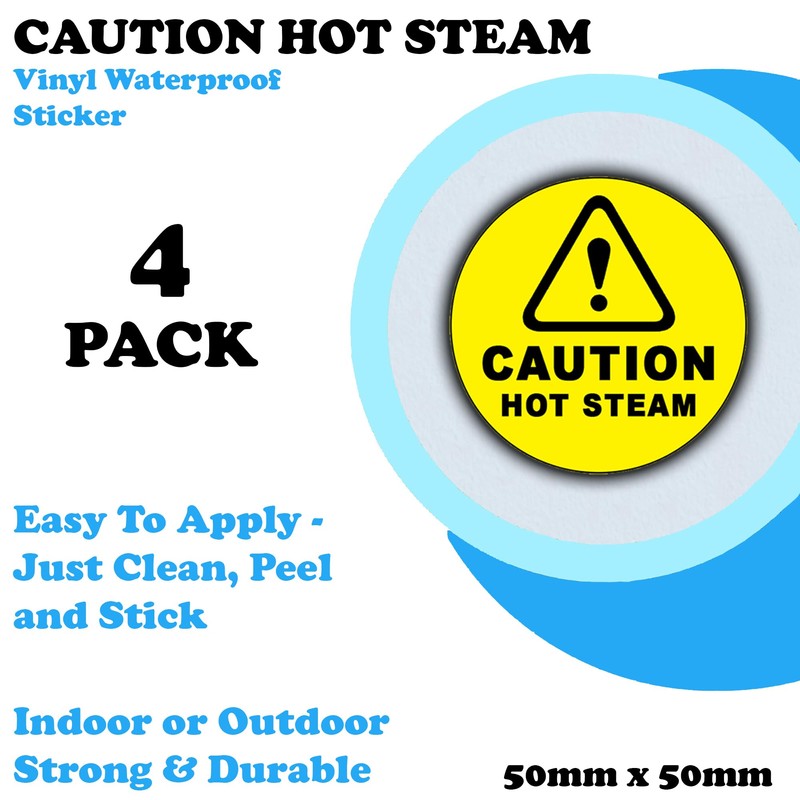 4 Pack - Caution Hot Steam Stickers - Waterproof Vinyl