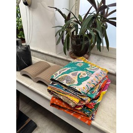 Bambookaari Cotton Quilt 2 pcs Reversible Vintage Bedspreads, Kantha Stitch Blanket, Hand Embroidered Gudari, Multicolor, 85x55Inch Quilt for Home and Decor