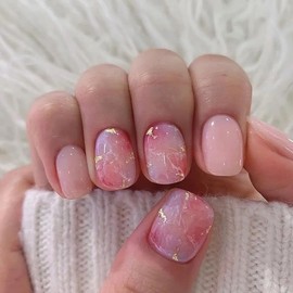 AkiliBIELY Short Press on Nails Square Pink Gold Bare Marble Cute Fake Nails Women Glue on Nails Acrylic Gel Stick on Nails Fantasy Classy Design Aesthetic Pretty False Nails Wedding Birthday