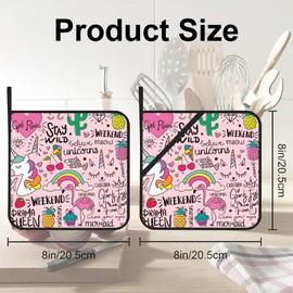 Pink Flamingo Unicorn Pot Holders Set of 2 Heat Resistant & Non Slip Potholders, Cute Drawing Oven Hot Pads for Kitchen Cooking Baking Barbecue