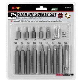 Performance Tool W38805 3/8" Drive 6-Point Star Bit Set, 26-Piece with Holder, Chrome Vanadium Steel Construction, Corrosion Resistant