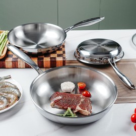 SLOTTET 11.5 Inch Tri-Ply Stainless Steel Frying Pan with Lid,Whole-Clad No Coatings Skillet with Stay-cool Handle for Cooking,Dishwasher and Oven Safe,Induction Pans