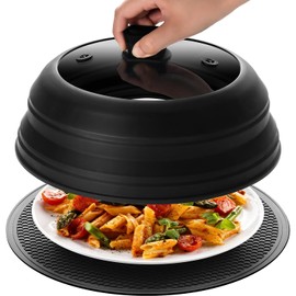 Lzerking Microwave Splatter Cover & Silicone Mat, 10.8 inch Glass Splatter Guard Lid with Collapsible Silicone for Food, Fits 6-10 inch Pot Plate Bowl, Heat Resistant, Dishwasher Safe, Kitchen, Black